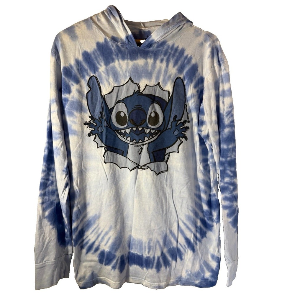 Disney Parks Stitch Tie Dye Hoodie Mens Large Blue White Graphic Pullover L
